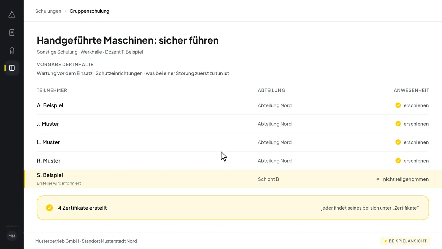 Beispielansicht: die Gruppenschulung „Handgeführte Maschinen: sicher führen“ in der Werkhalle, gehalten von einem Mitarbeiter des Betriebs, mit der Vorgabe der Inhalte darüber. In der Teilnehmerliste sind drei Personen bereits als erschienen markiert; eine vierte wird als erschienen markiert, eine fünfte als nicht teilgenommen, woraufhin unter ihrem Namen steht, dass der Ersteller informiert wird. Nach dem Abschließen entstehen die Zertifikate für die vier Anwesenden.