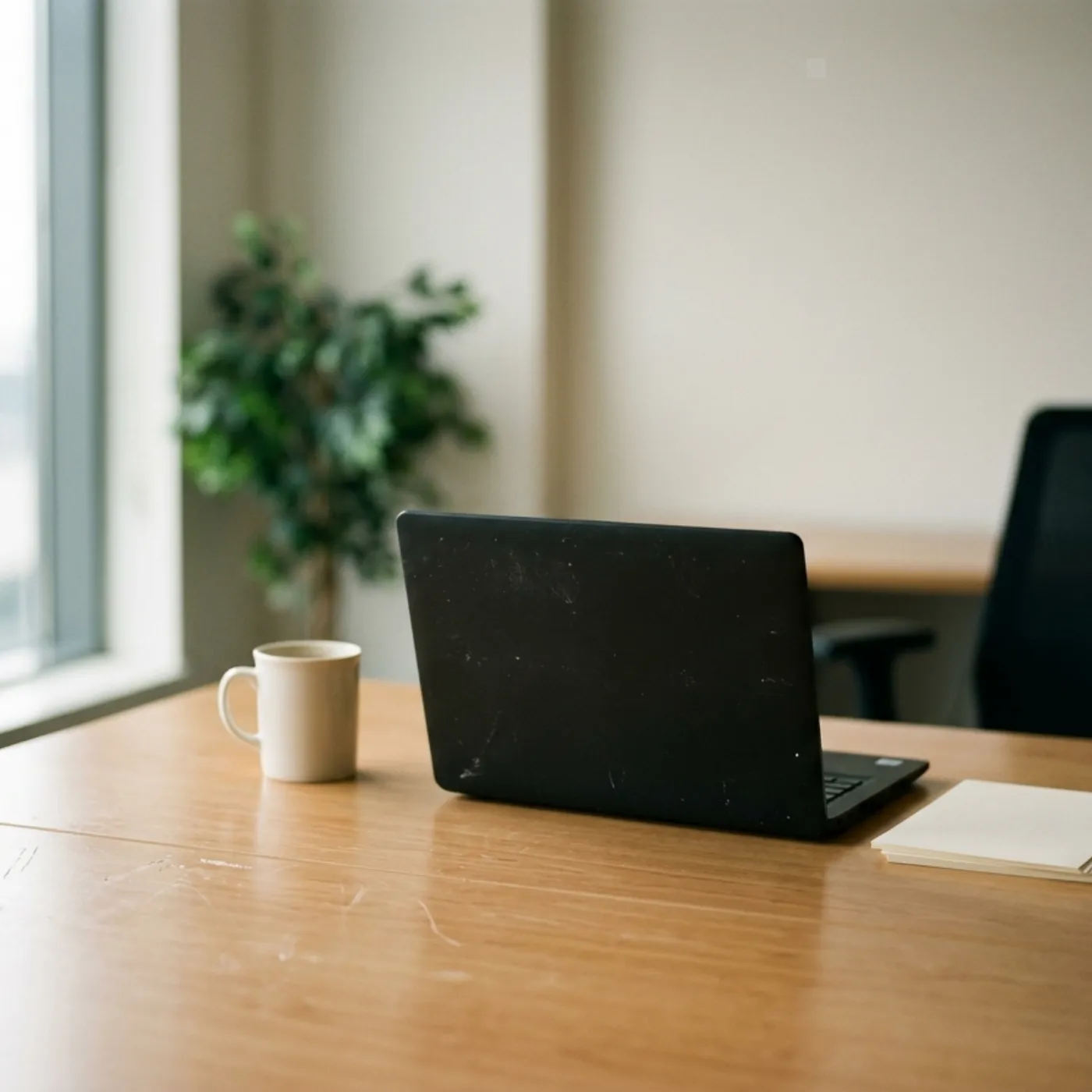 Ruhiger Arbeitsplatz im Büro mit Laptop bei Tageslicht.